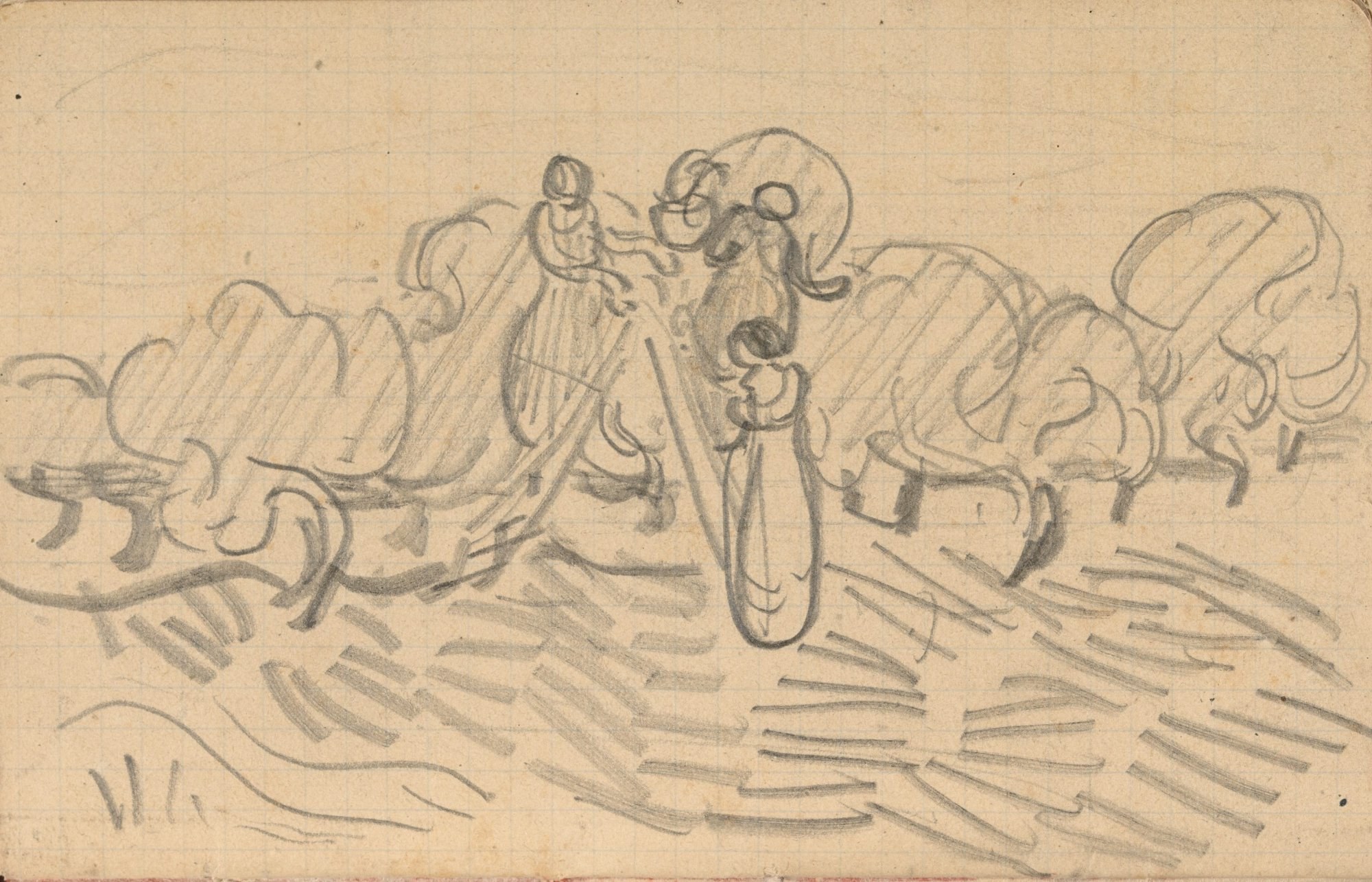 Mujeres recogiendo aceitunas (boceto, 1890), de Vincent van Gogh