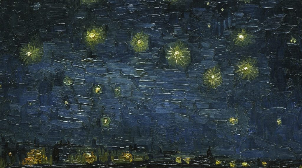 ゴッホ《ローヌ川の星月夜》の空の部分。青の上に黄色と緑の花のように描かれたおおぐま座の7つの星