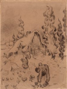 Cabañas cubiertas de nieve con cipreses y figuras, de Van Gogh