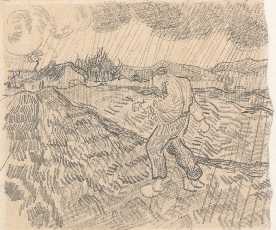 Sembrador bajo la lluvia (dibujo, Saint-Rémy, 1890), de Vincent van Gogh