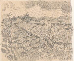 Campo cercado con un sembrador bajo la lluvia, de Van Gogh