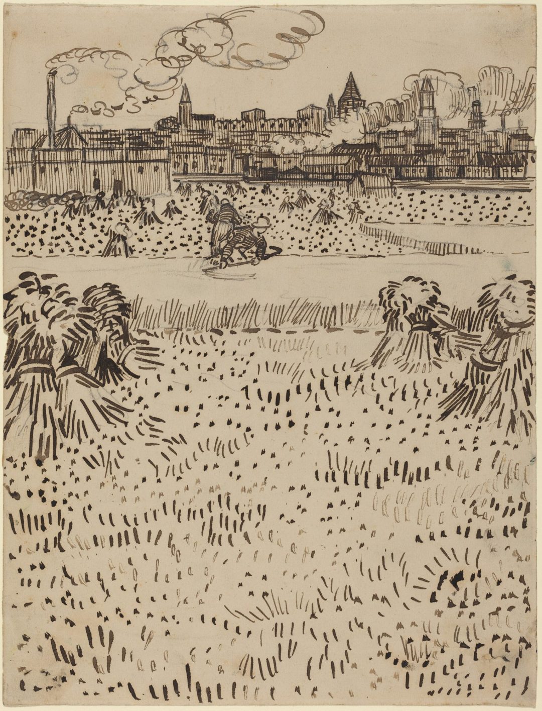Trigal con gavillas y Arlés al fondo (1888), de Vincent van Gogh
