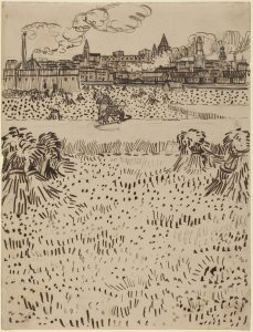 Campo de trigo con gavillas y Arlés al fondo, de Van Gogh
