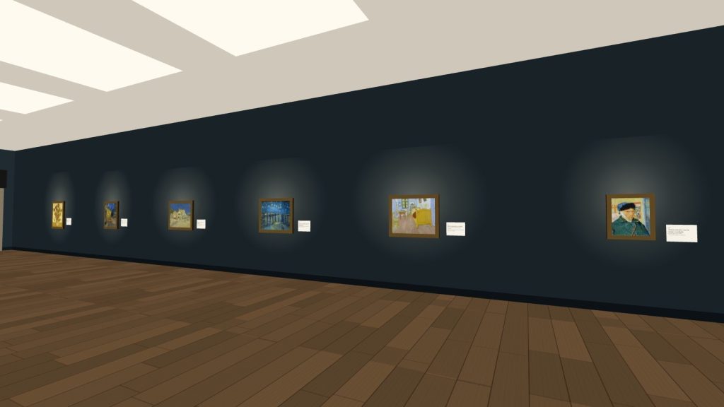 Sala de Arlés de la visita virtual con los cuadros colgados en la pared