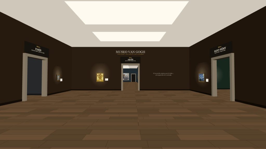 Vestíbulo de la visita virtual con las puertas de las salas de París, Arlés y Saint-Rémy