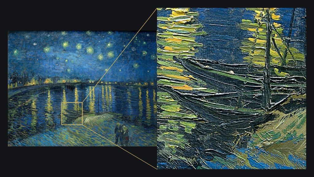 Noche estrellada sobre el Ródano de Van Gogh y un detalle ampliado de su pincelada